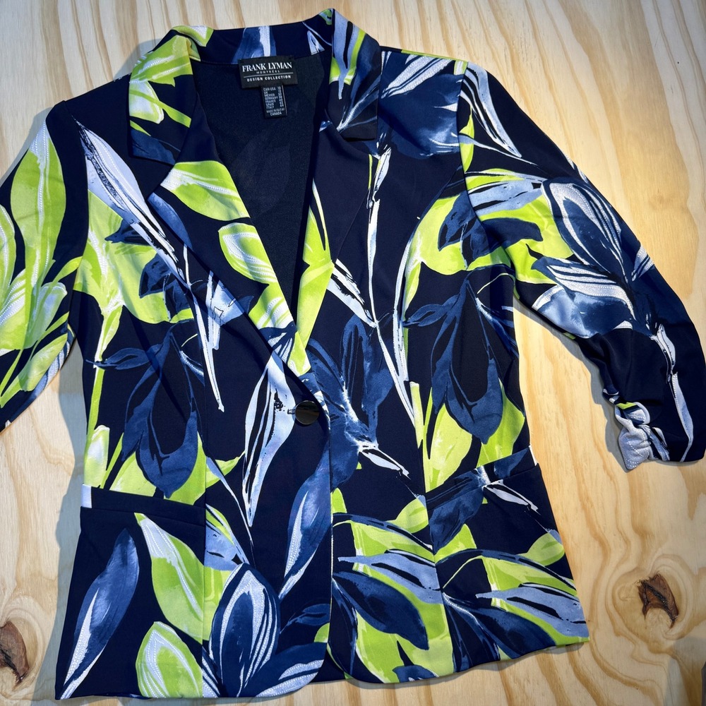 Frank Lyman Women Floral Print Single Button Ruched Sleeve Blazer Jacket Size 10